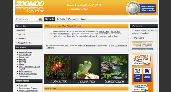 Versandfachhandel im Internet für Süß- und Meerwasseraquaristik, Terraristik, Gartenteich und Vogellampen